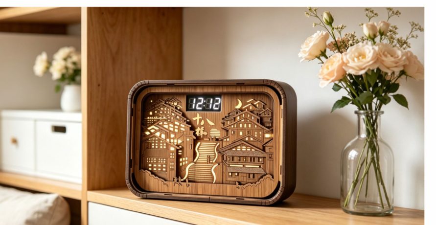 Carved clock lamp showing 12:18 on a shelf