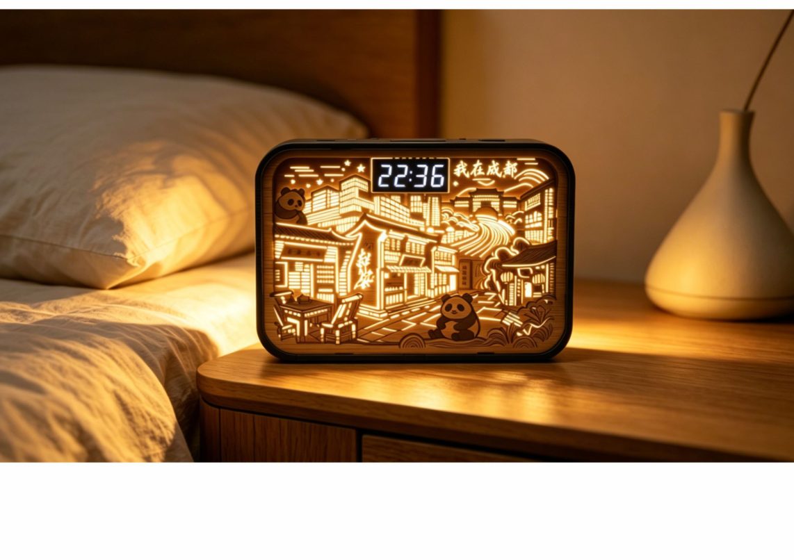 Carved clock lamp with panda city scene showing 22:36