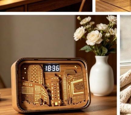 Carved clock lamp with city bridge scene
