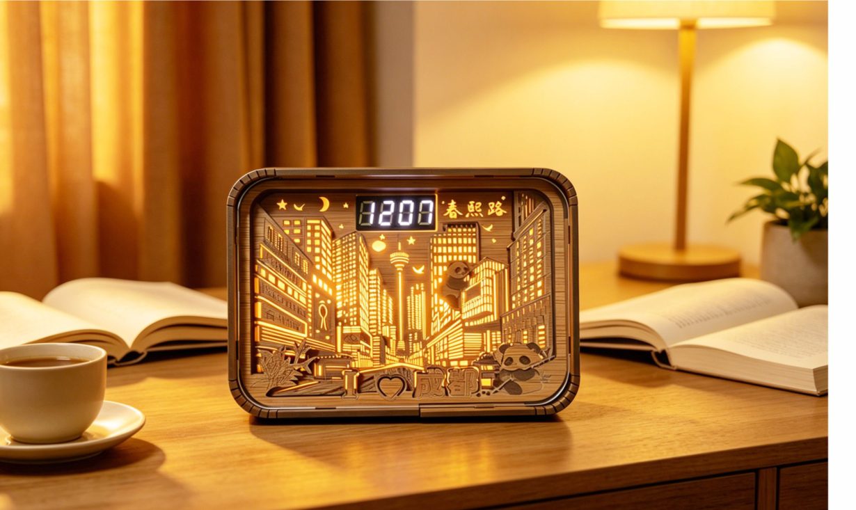 City woodcarving clock lamp with digital display