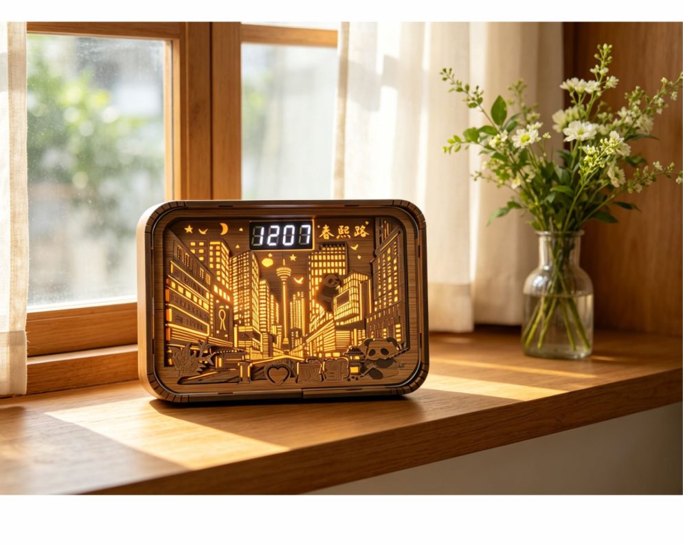 Clock lamp on a windowsill with flowers