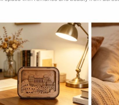 Hexagonal woodcarving lamp with city scene