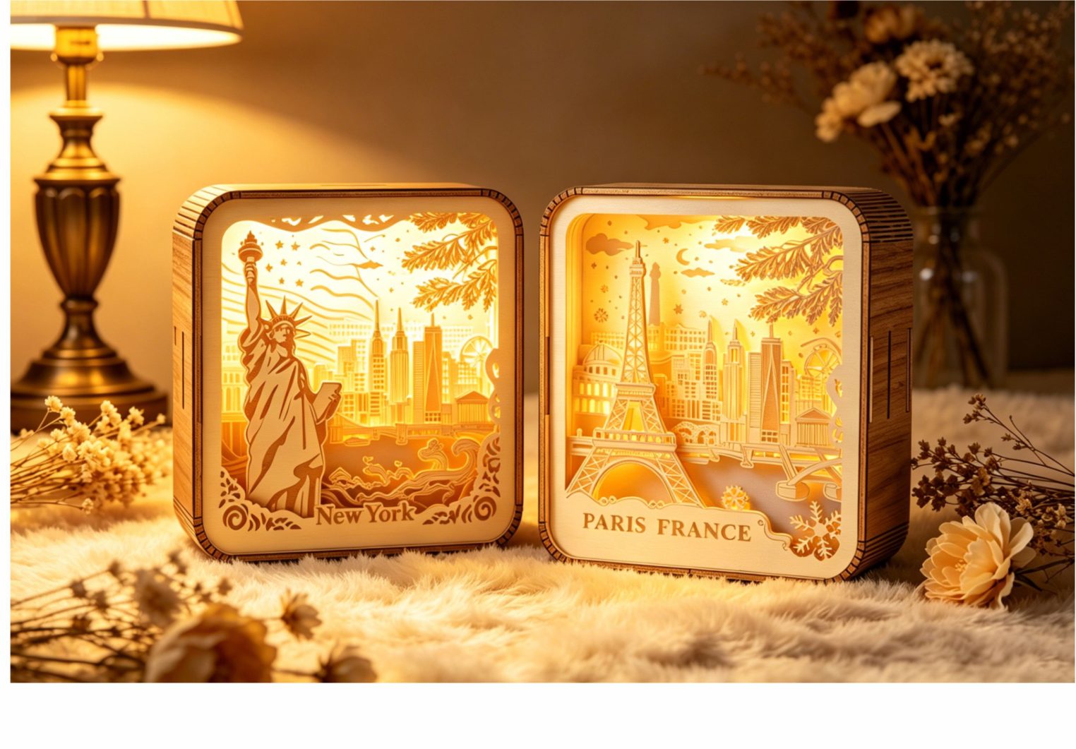 New York and Paris woodcarving night lamps