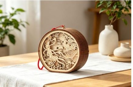 City woodcarving lamp beside the bed