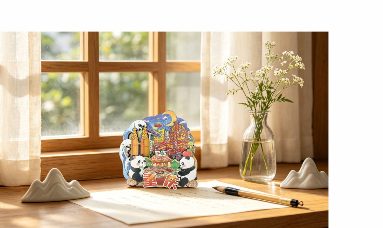 Panda city-view wooden fridge magnet by a window